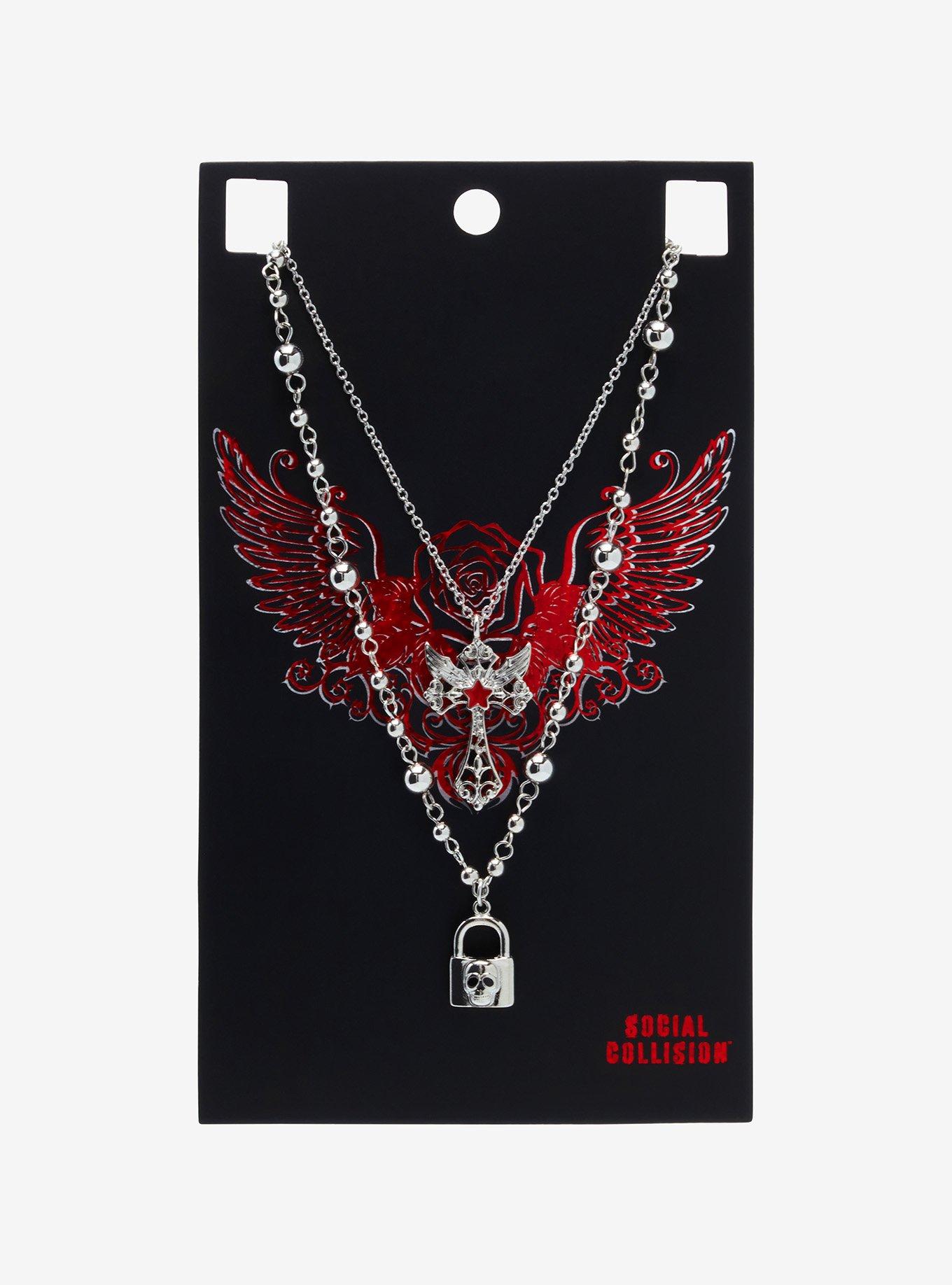 Social Collision Skull Lock Cross Necklace Set, , hi-res view 1