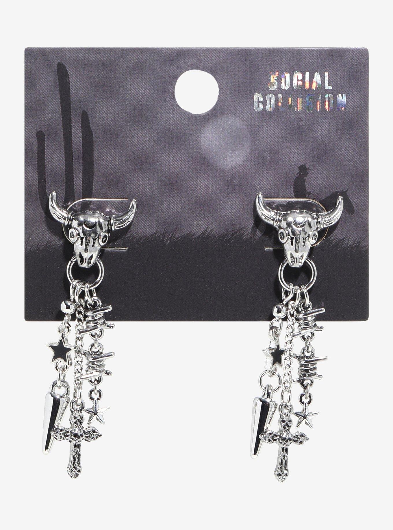 Social Collision Bull Barbed Wire Cross Earrings, , hi-res