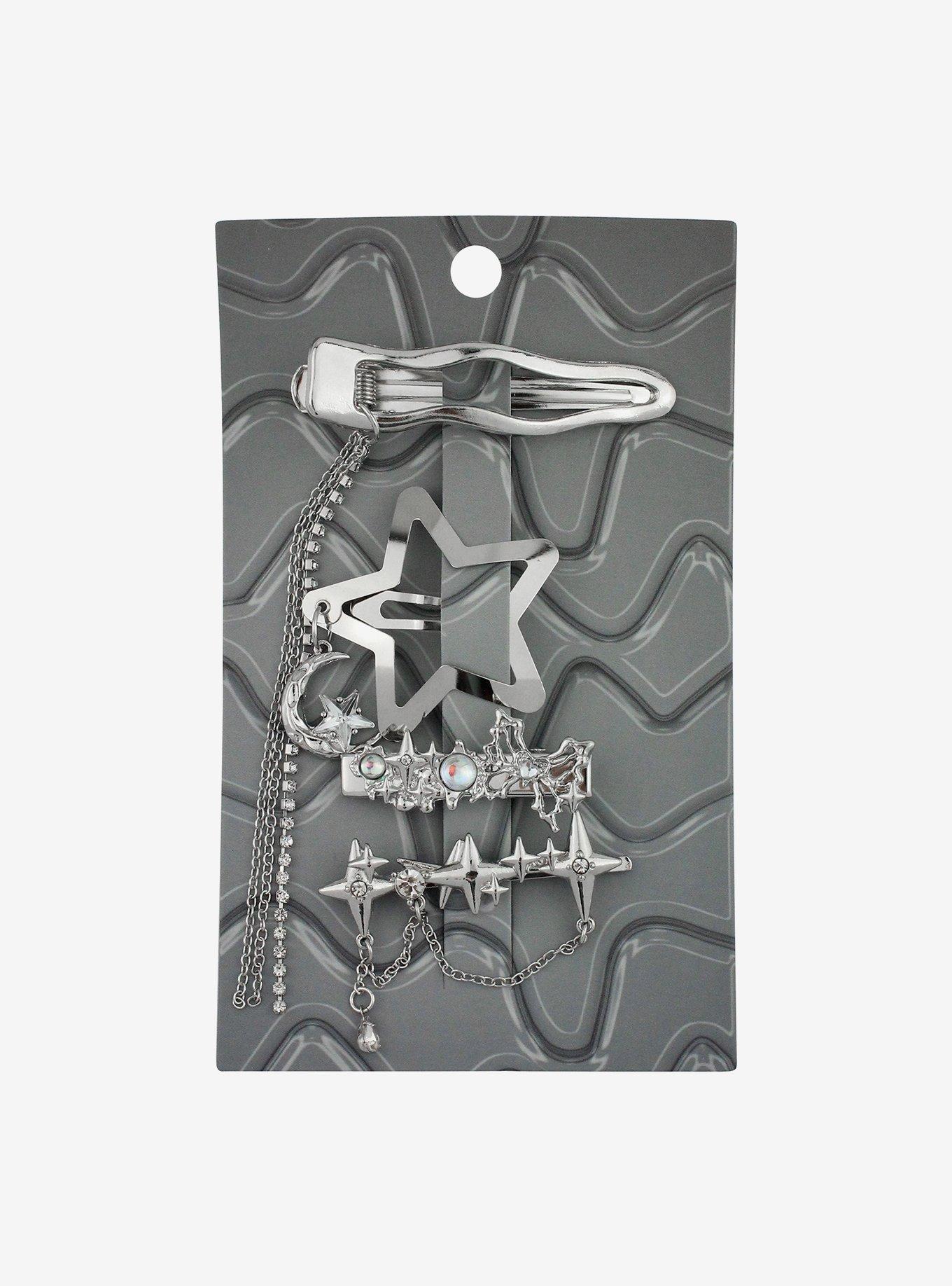 Silver Wavy Drippy Star Hair Clip Set, , hi-res
