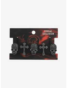 Social Collision Rhinestone Skull & Cross Cuff Bracelet, , hi-res