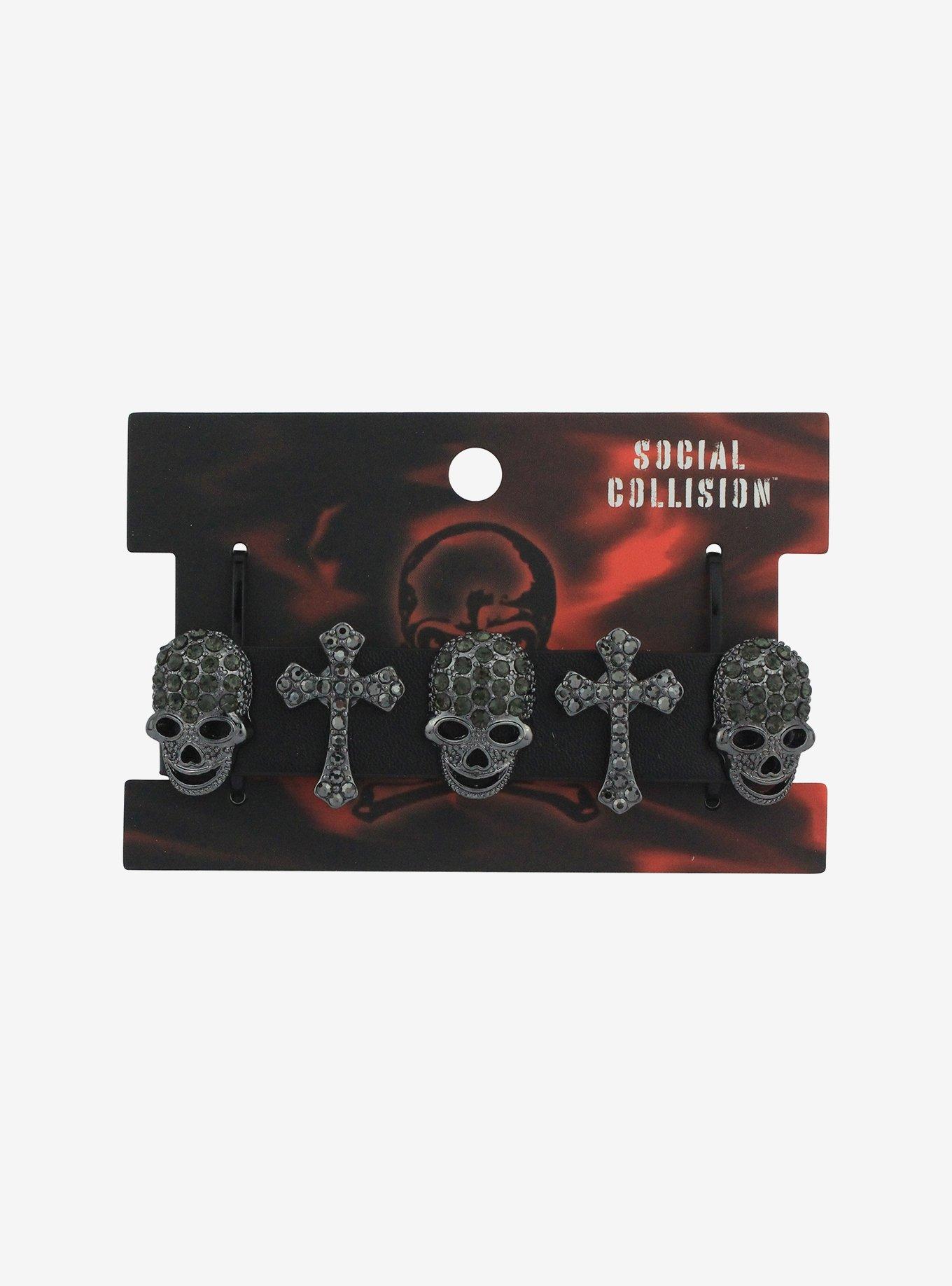 Social Collision Rhinestone Skull & Cross Cuff Bracelet, , hi-res