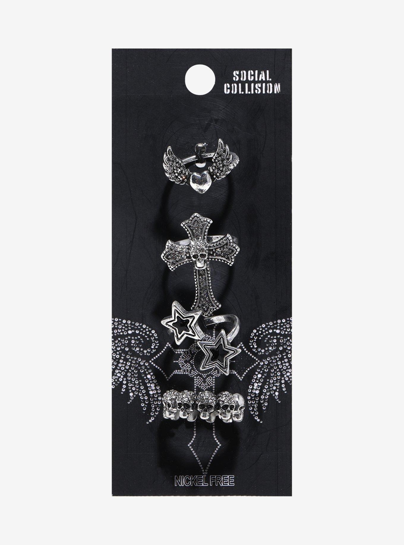 Social Collision Skull Cross Star Ring Set, , hi-res