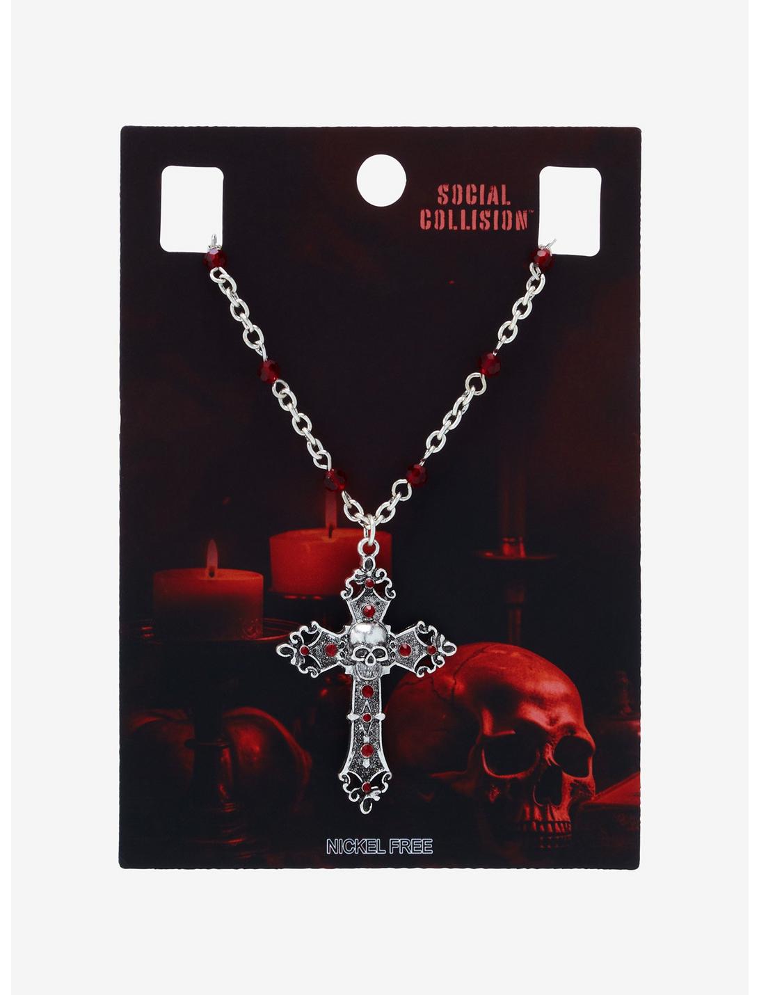 Social Collision Skull Gothic Red Cross Necklace, , hi-res