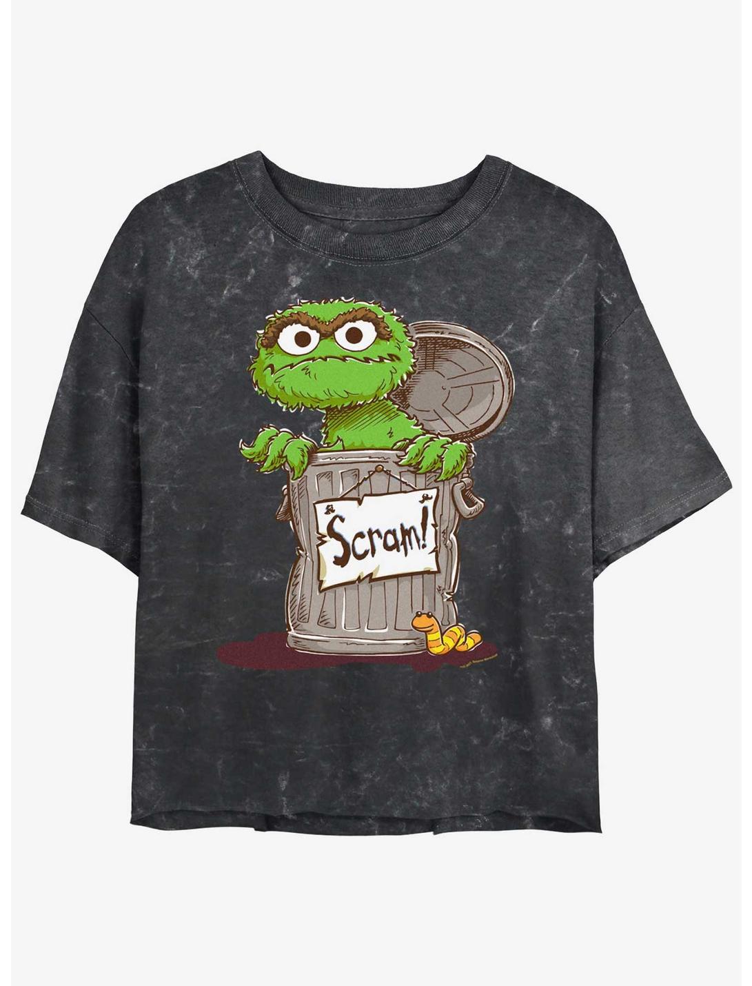 Sesame Street Oscar Scram Sign Womens Mineral Wash Crop T-Shirt, BLACK, hi-res