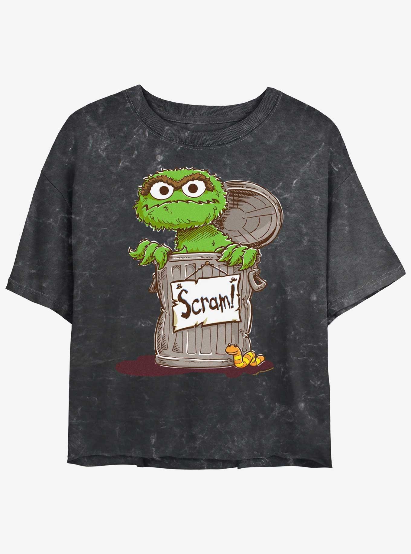 Sesame Street Oscar Scram Sign Womens Mineral Wash Crop T-Shirt, BLACK, hi-res