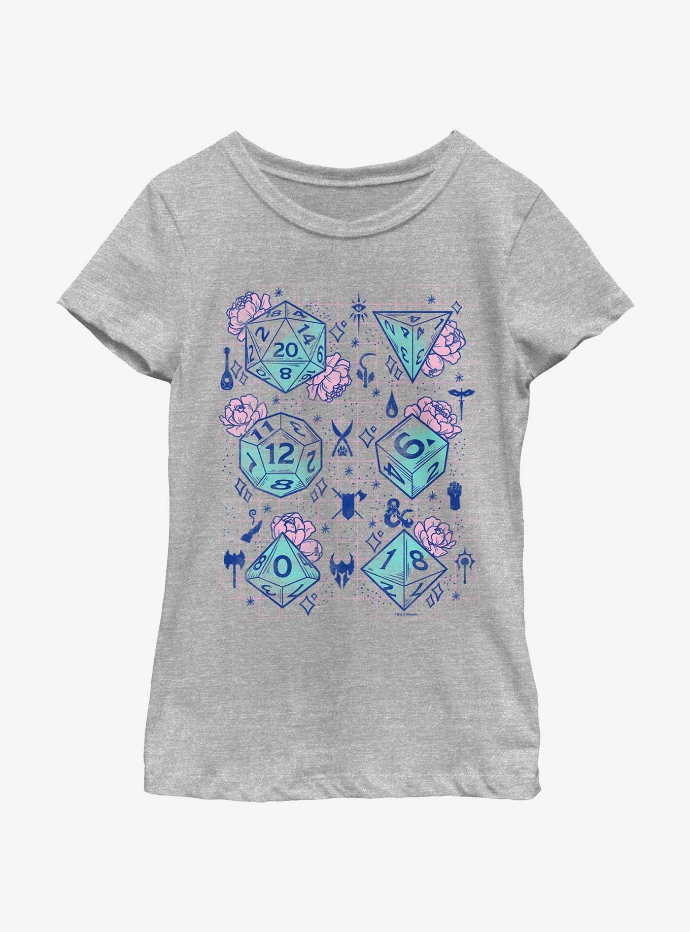 Dungeons & Dragons Floral Dice Youth Girls T-Shirt, ATH HTR, hi-res