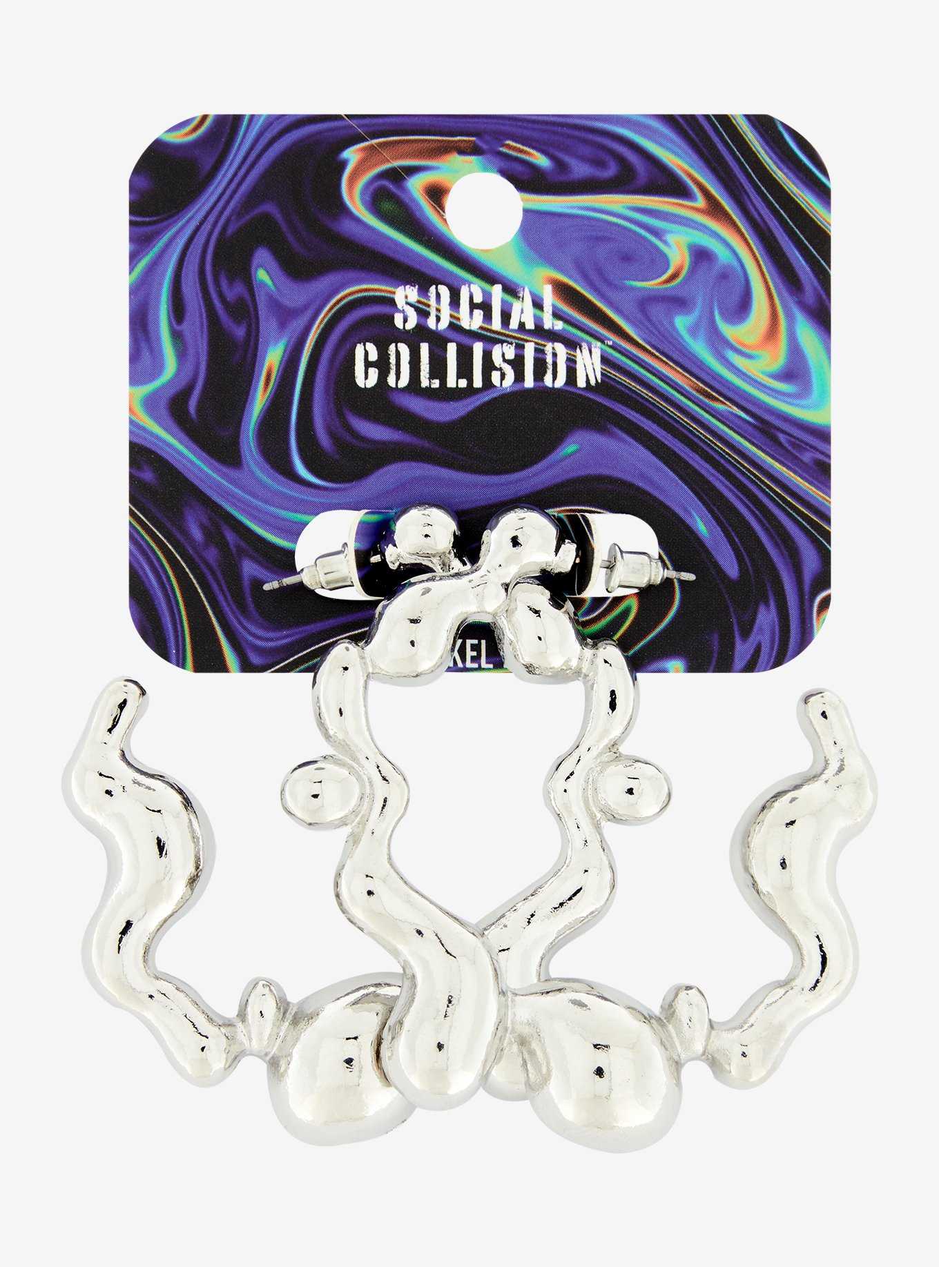 Social Collision Wavy Metal Hoop Earrings, , hi-res