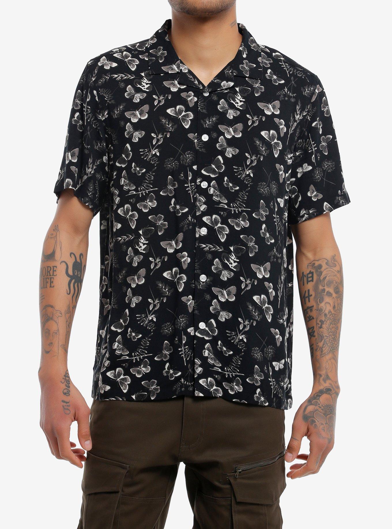 Social Collision Dark Butterfly Woven Button-Up, OLIVE, hi-res