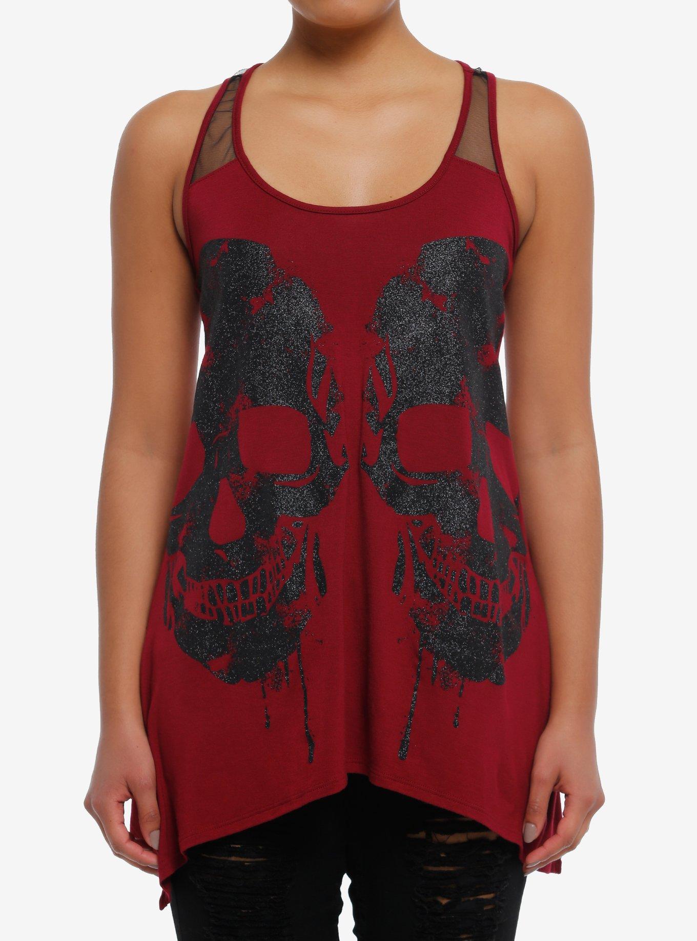 Social Collision® Burgundy Glitter Skull Shark Bite Girls Tank Top, BLACK, hi-res