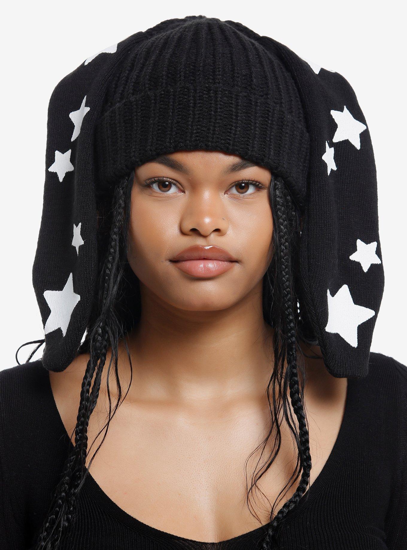 Black & Star Bunny Ear Beanie, , hi-res