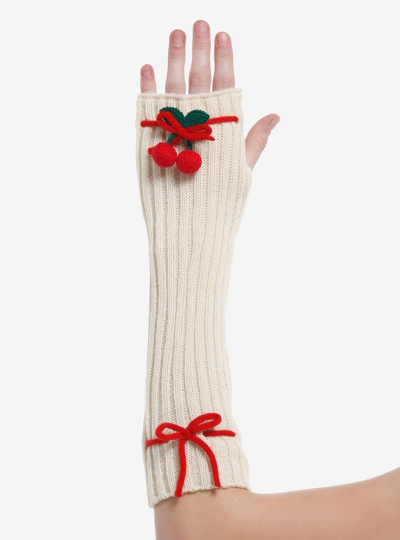 Cream 3D Cherry Ribbon Arm Warmers, , hi-res