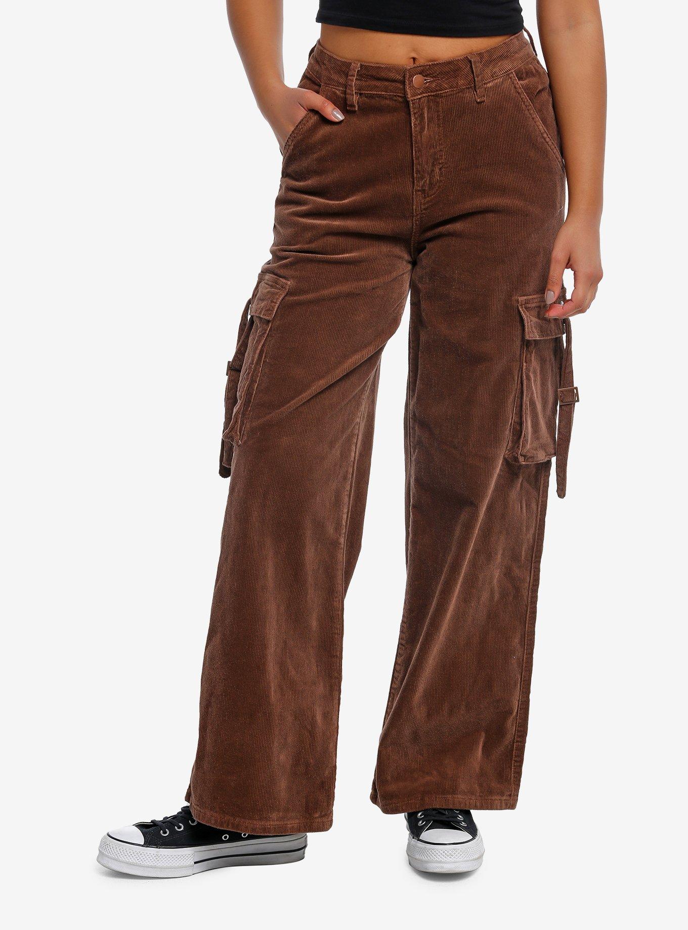Brown Corduroy Wide Leg Girls Cargo Pants, BROWN, hi-res