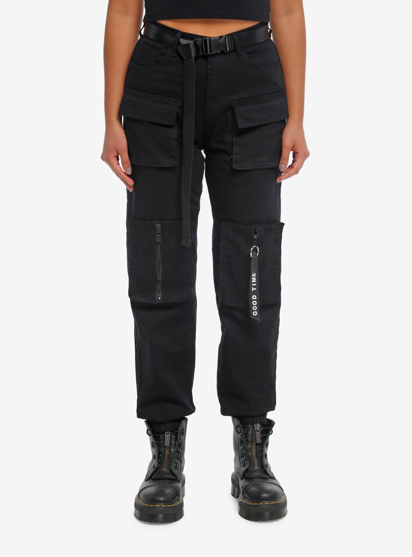 Black Multi-Pocket Girls Jogger Pants, , hi-res