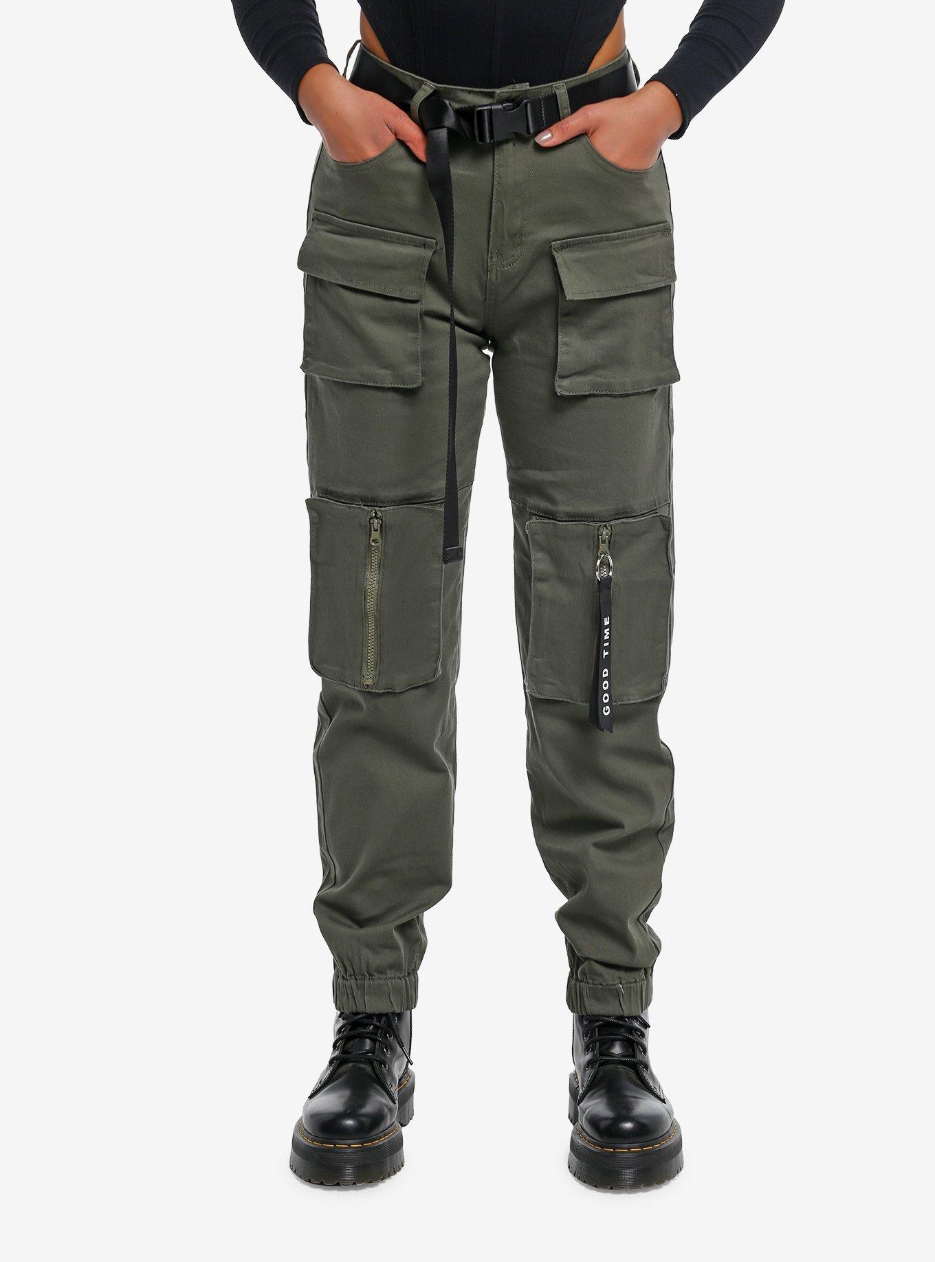 Olive Green Multi-Pocket Girls Jogger Pants, , hi-res