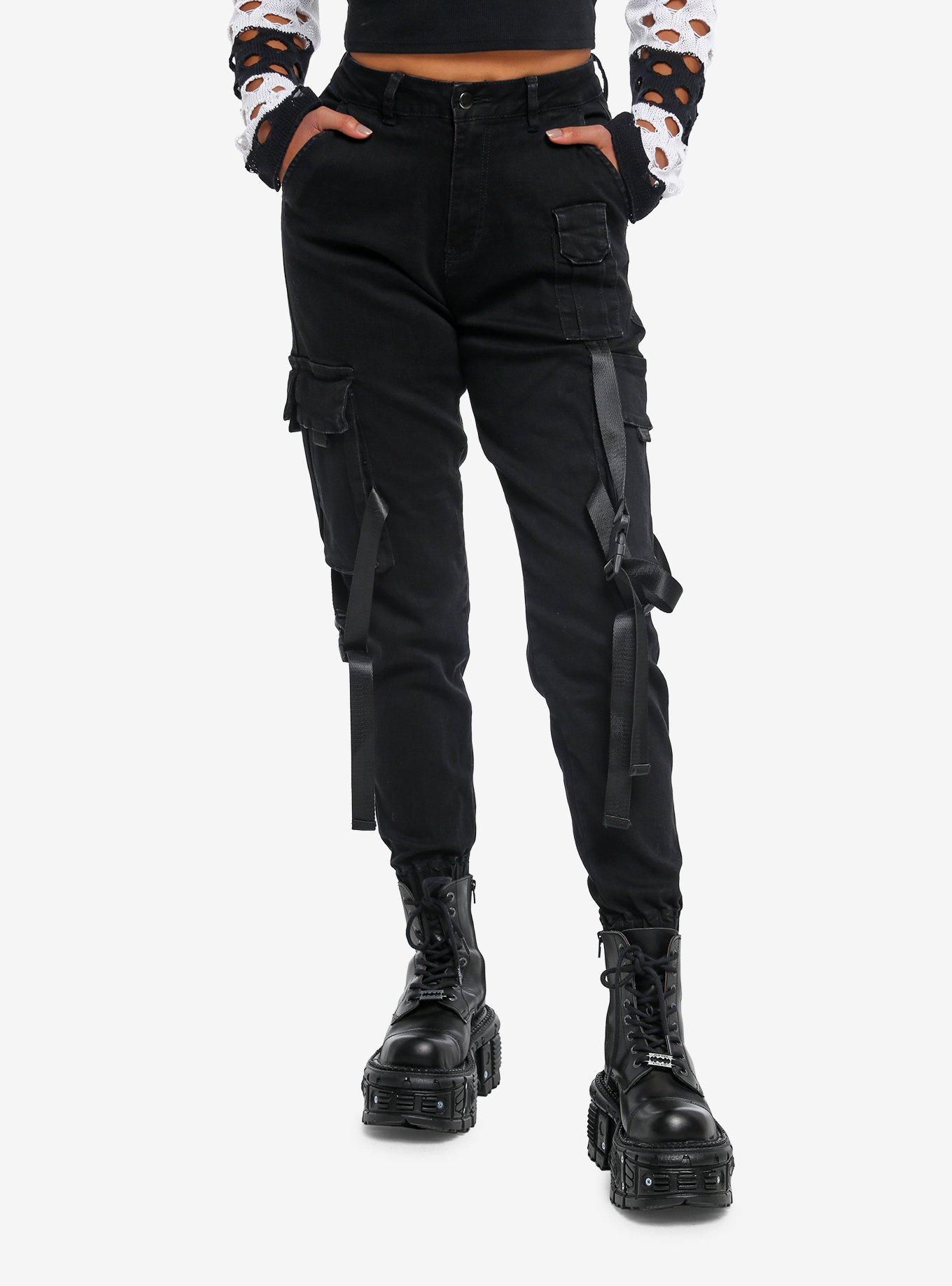 Black Denim Cargo Pockets Straps Girls Jogger Pants Hot Topic