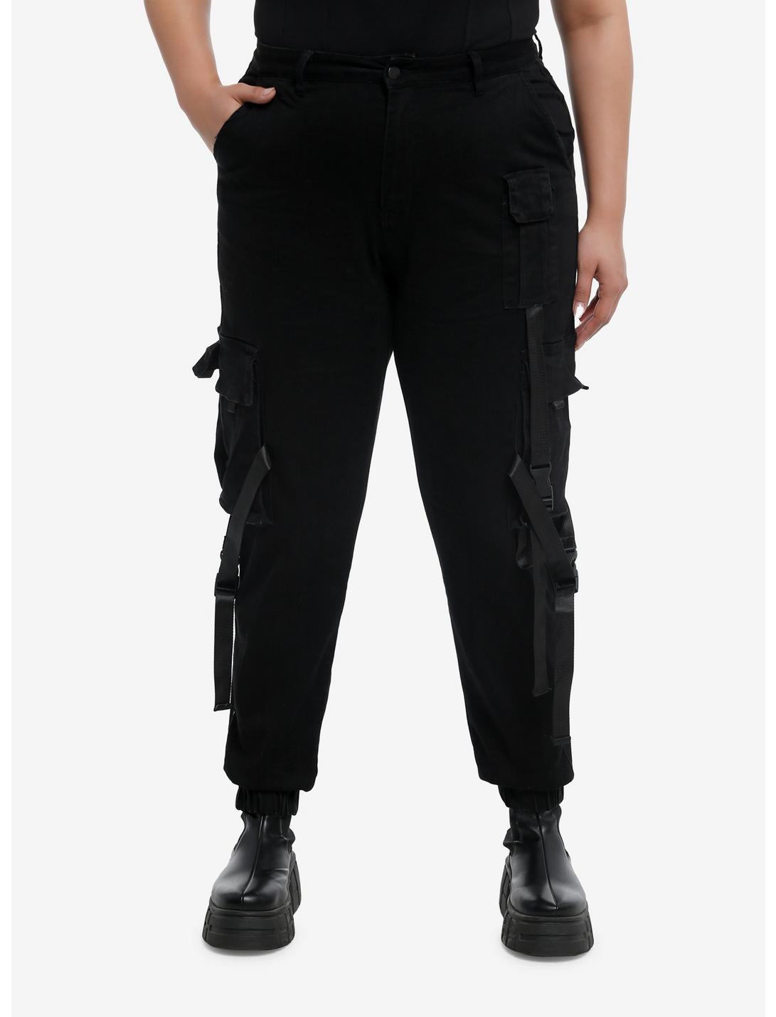 Black Denim Cargo Pockets & Straps Girls Jogger Pants Plus Size, BLACK, hi-res