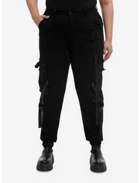 Black Denim Cargo Pockets & Straps Girls Jogger Pants Plus Size, , hi-res