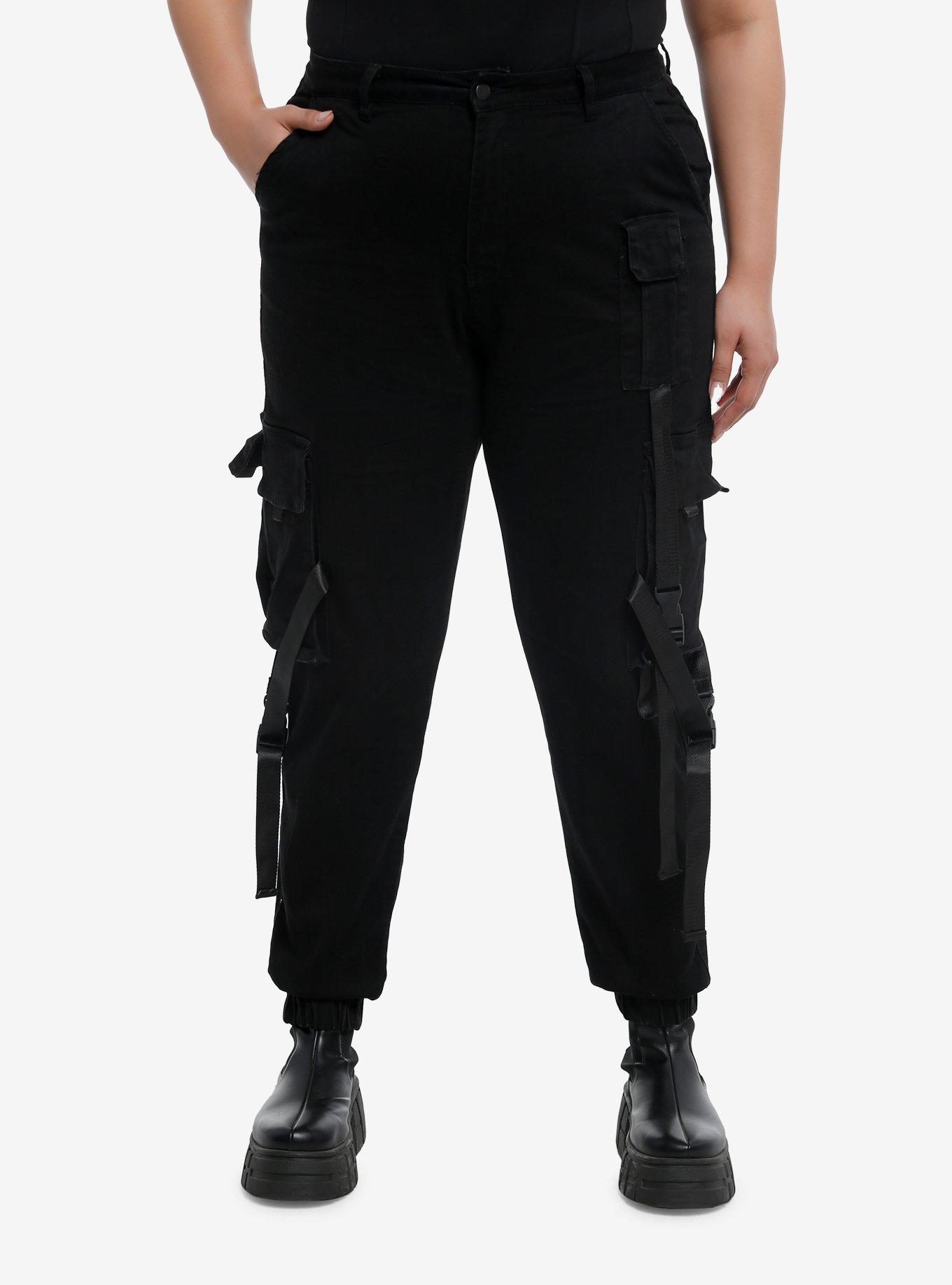Black Denim Cargo Pockets & Straps Girls Jogger Pants Plus Size, , hi-res
