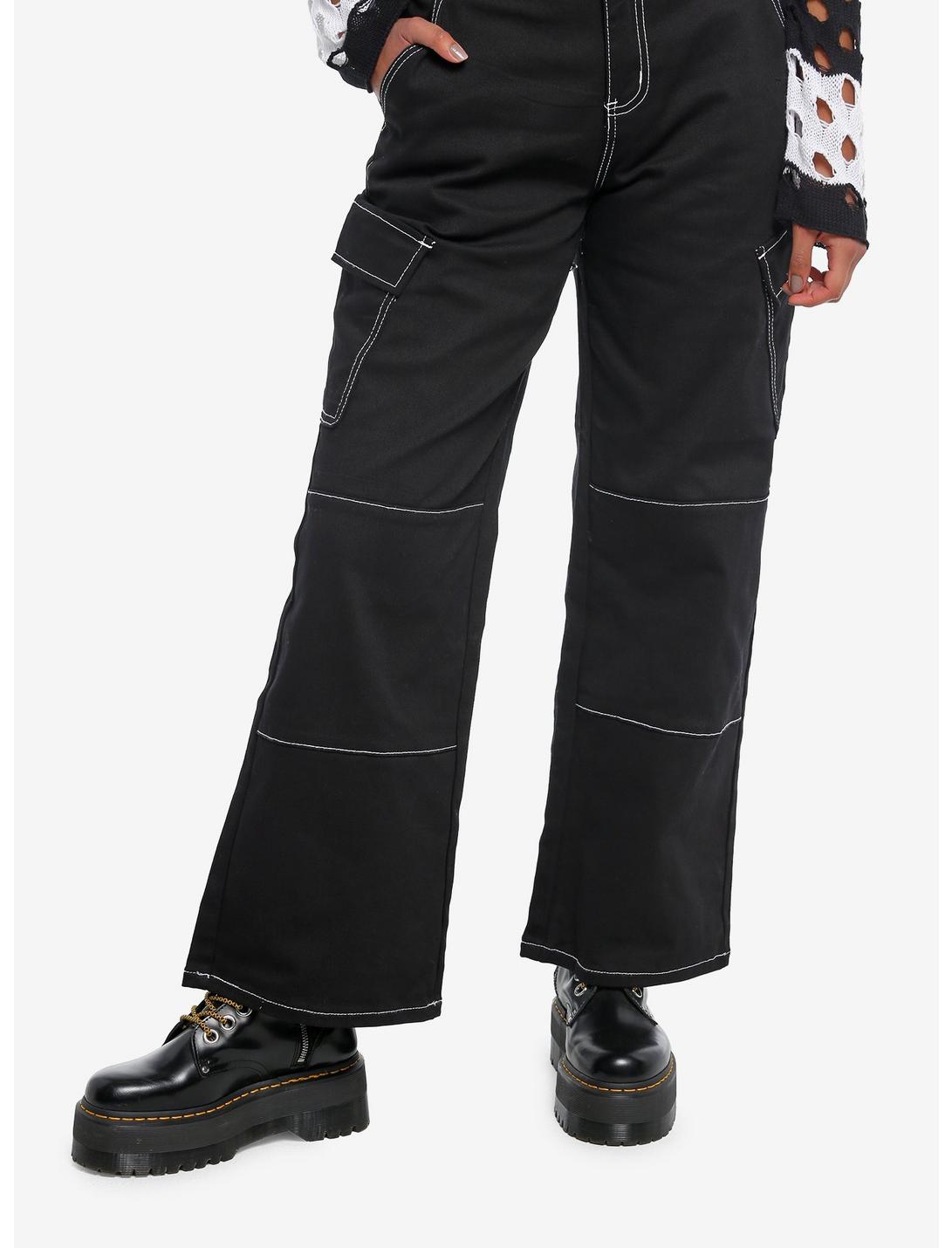Black & White Contrast Stitch Cargo Pants, BLACK, hi-res