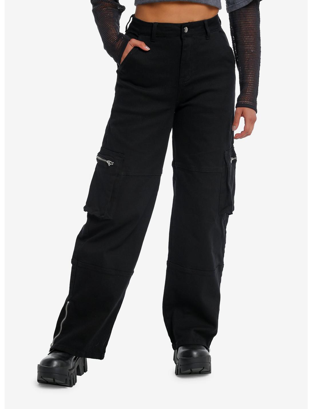 Black Denim Ankle Zip Girls Cargo Pants, BLACK, hi-res
