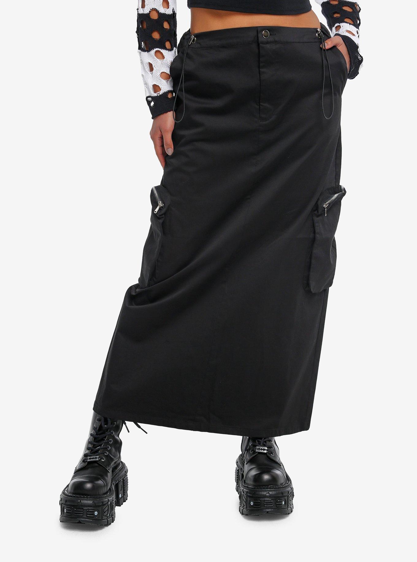 Black Side Toggle Cargo Pocket Maxi Skirt, BLACK, hi-res