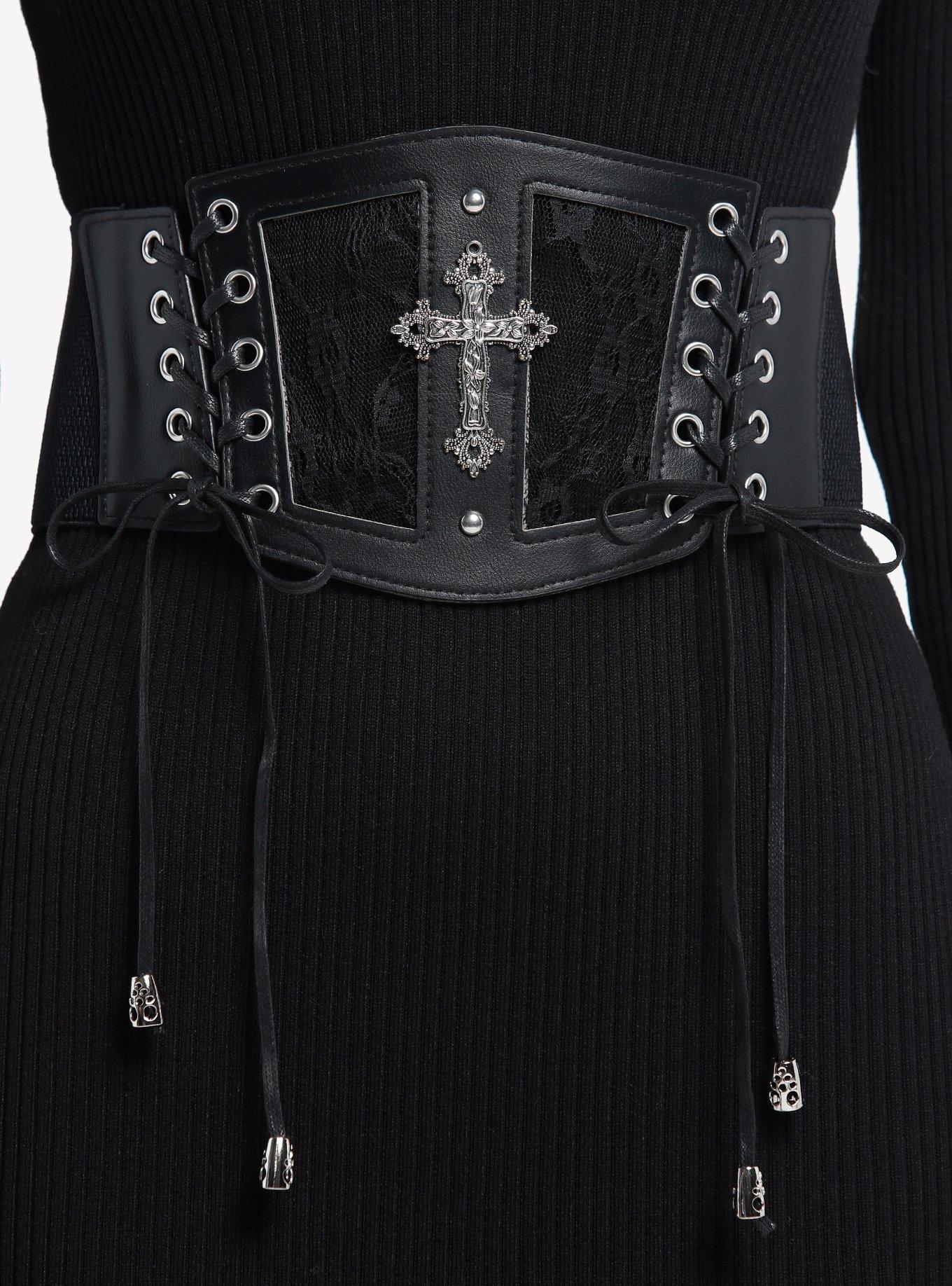 Black Floral Lace Cross Underbust Corset, MULTI, hi-res