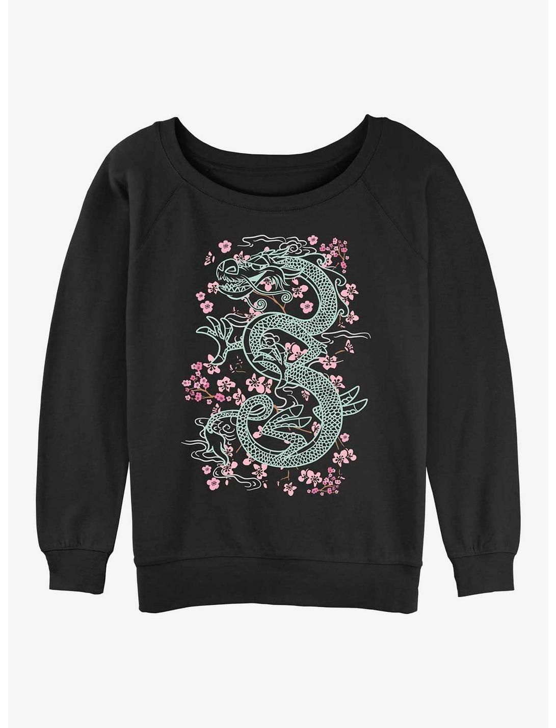 Disney Mulan Mushu Floral Womens Slouchy Sweatshirt, BLACK, hi-res
