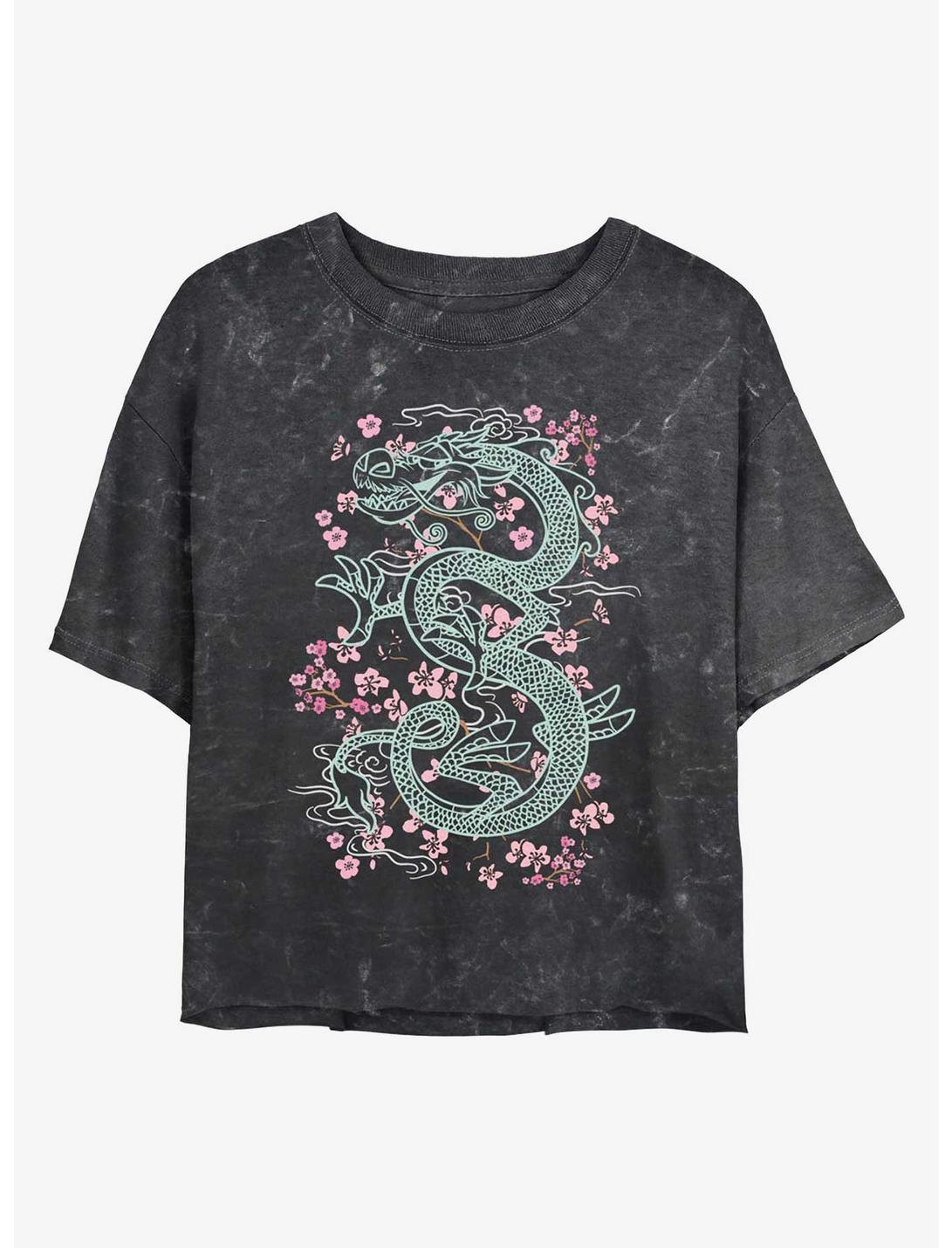 Disney Mulan Mushu Floral Mineral Wash Womens Crop T-Shirt, BLACK, hi-res