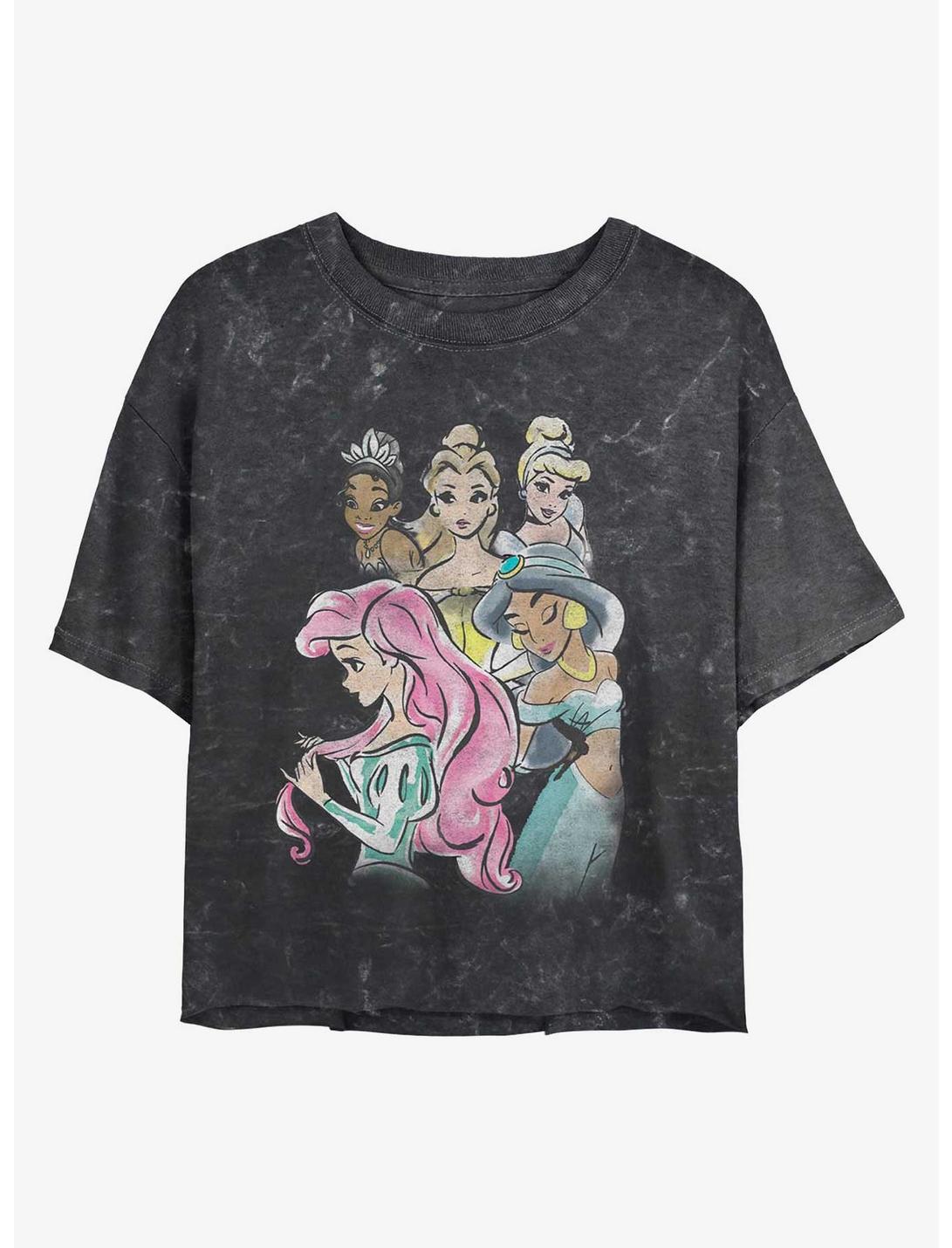Disney The Princess and the Frog Watercolor Princesses Mineral Wash Womens Crop T-Shirt, BLACK, hi-res