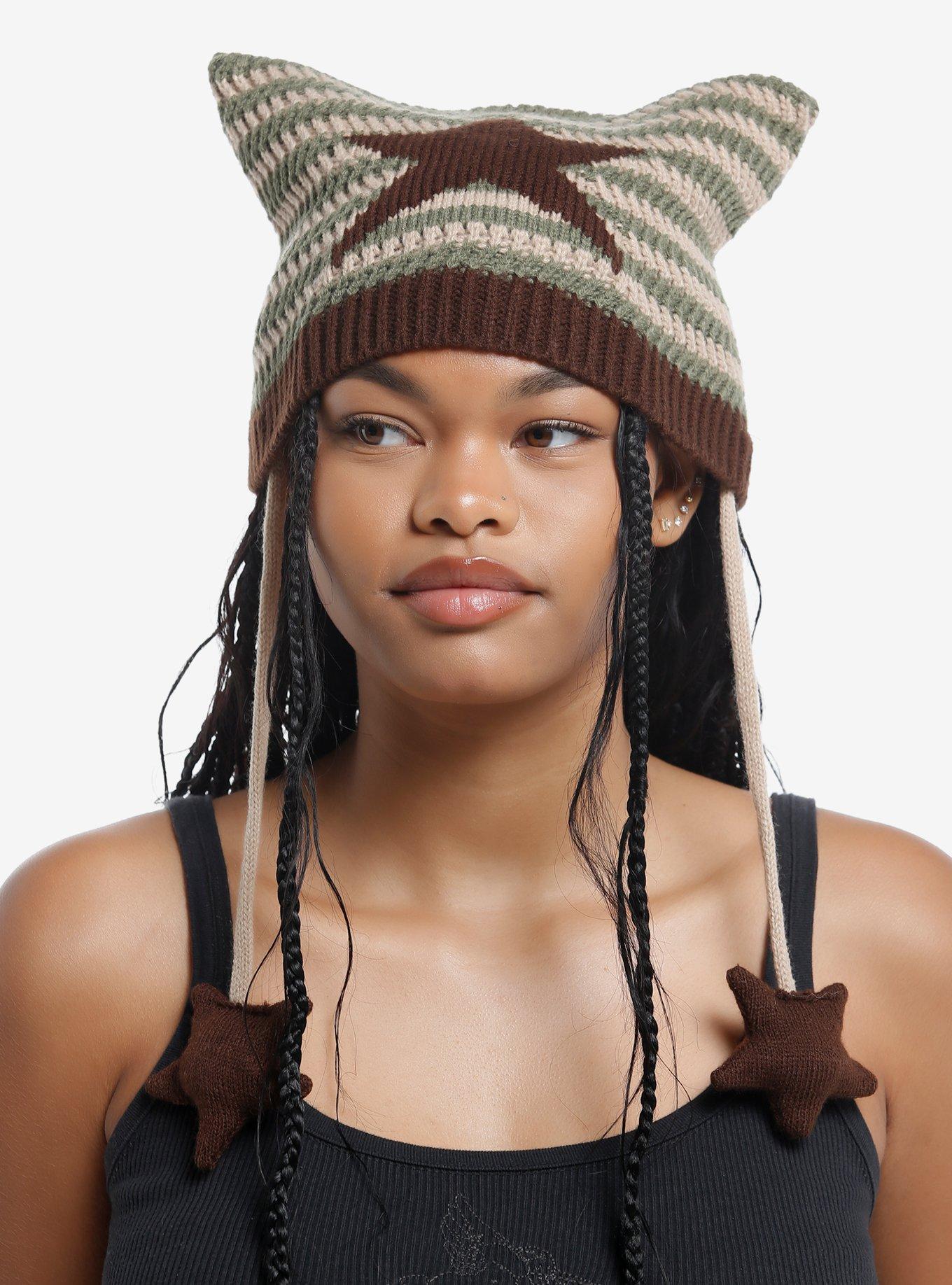 Brown & Green Stripe Star Ear Tassel Beanie, , hi-res