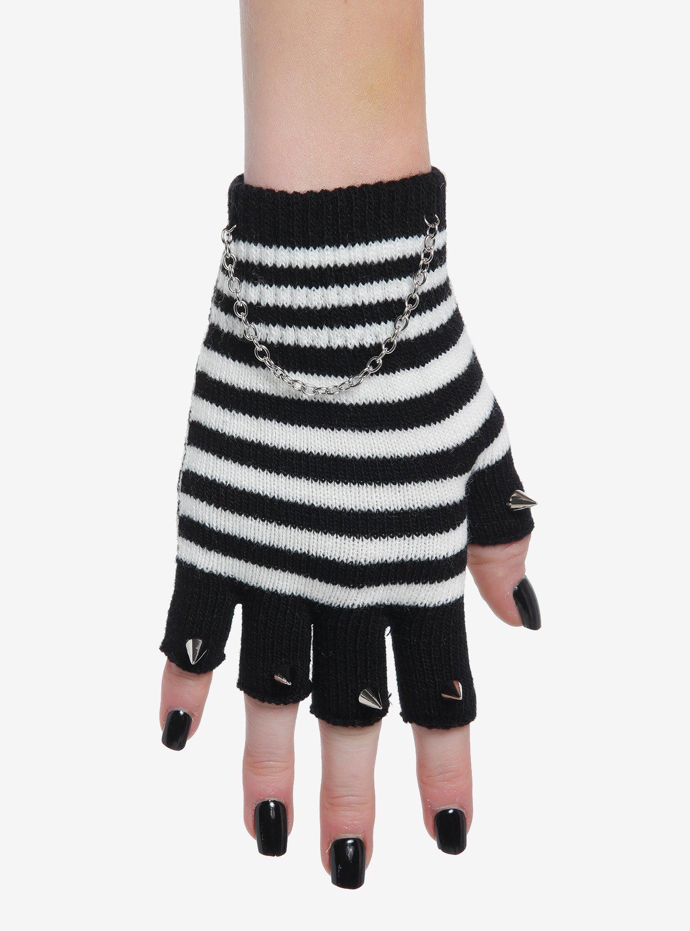 Black & White Stripe Chain Spike Fingerless Gloves, , hi-res