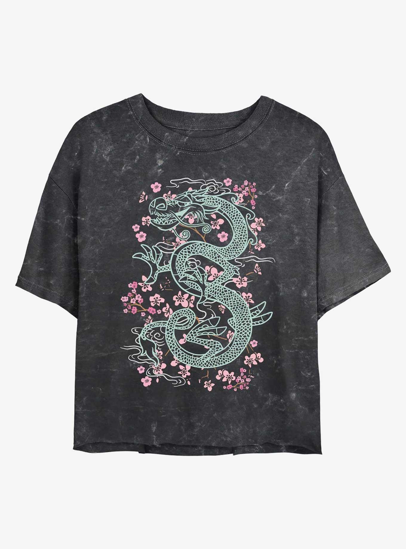 Disney Mulan Mushu Floral Mineral Wash Womens Crop T-Shirt, BLACK, hi-res