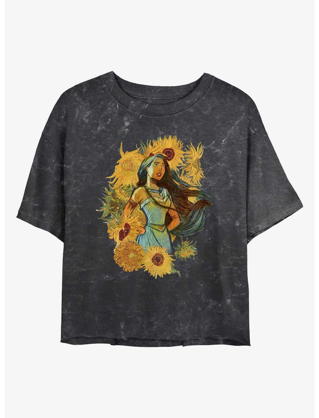 Disney Pocahontas Sunflowers In The Wind Mineral Wash Womens Crop T-Shirt, BLACK, hi-res