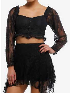 Thorn & Fable Black Lace Corset Girls Crop Long-Sleeve Top, , hi-res