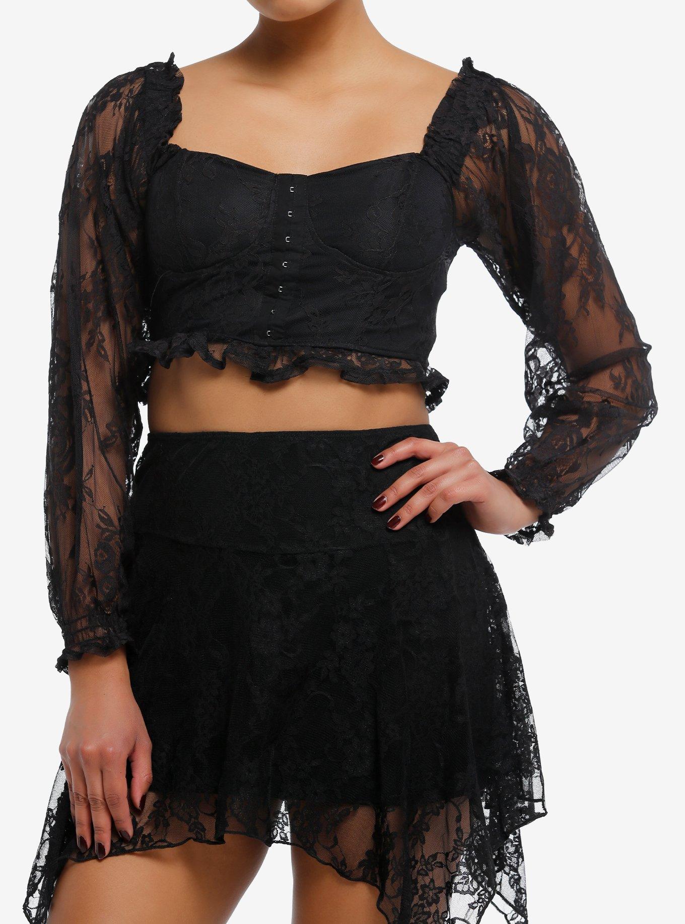 Thorn & Fable Black Lace Corset Girls Crop Long-Sleeve Top