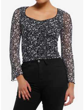 Thorn & Fable Black & White Floral Mesh Girls Long-Sleeve Top, , hi-res