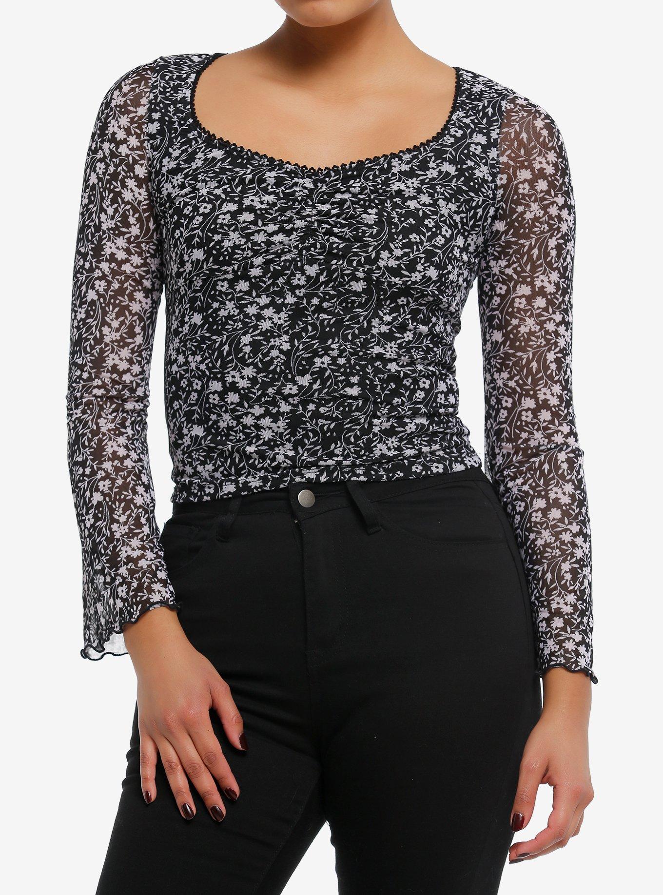 Thorn & Fable Black & White Floral Mesh Girls Long-Sleeve Top, IVORY, hi-res