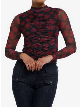 Thorn & Fable Red Daisy Mesh Girls Long-Sleeve Top, , hi-res