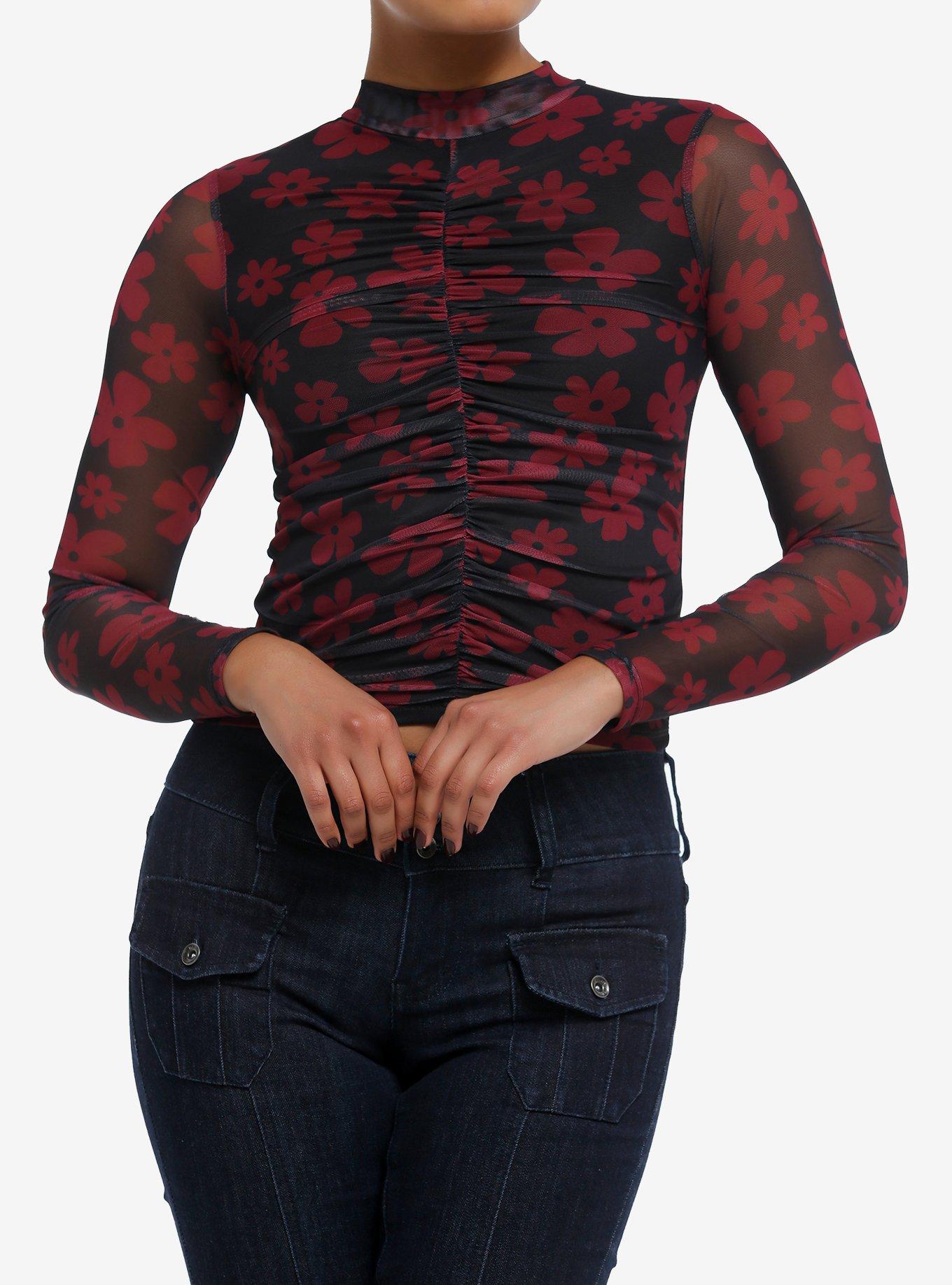 Thorn & Fable Red Daisy Mesh Girls Long-Sleeve Top, RED, hi-res