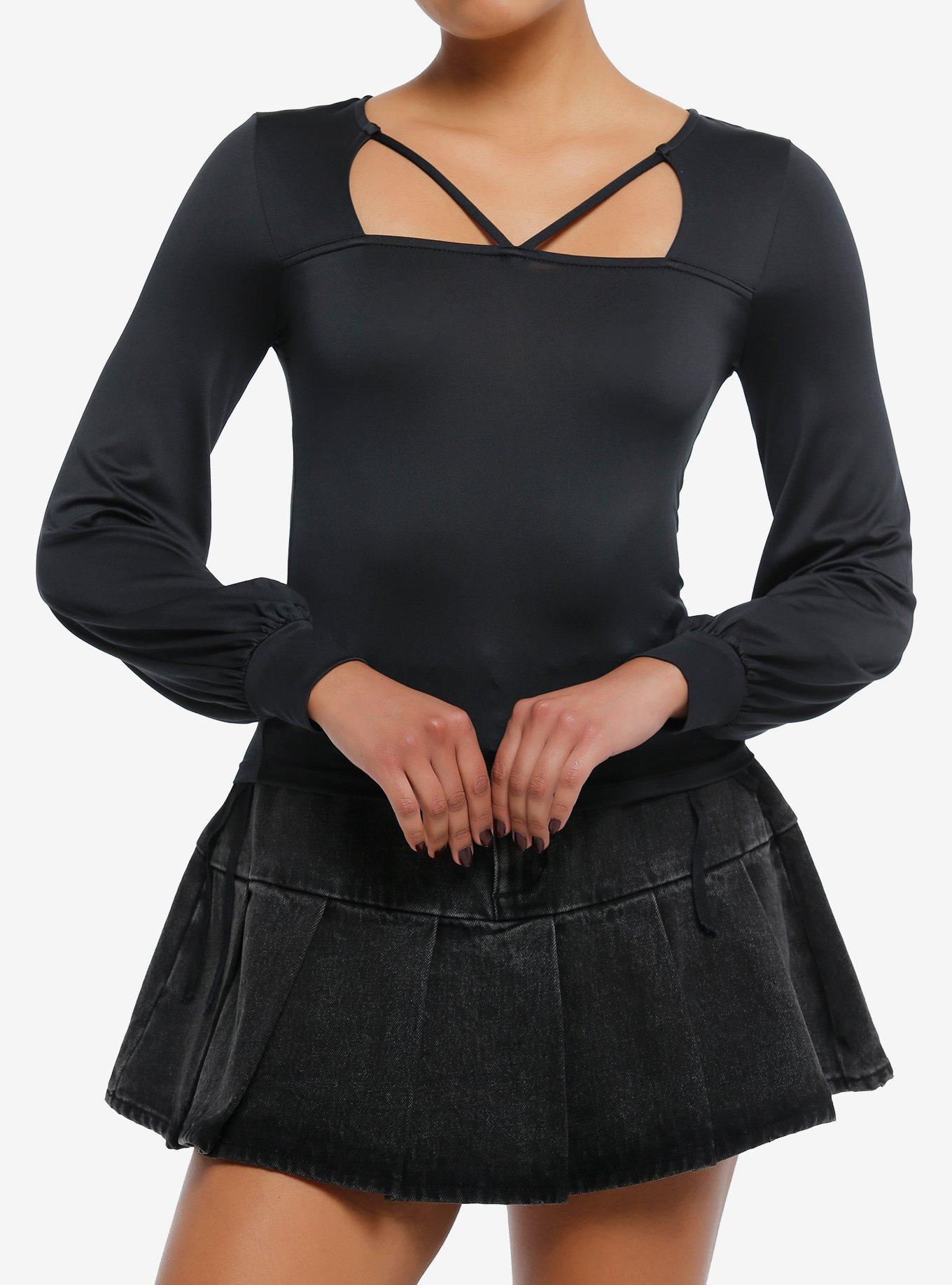 Black Strappy Girls Balloon Sleeve Top, , hi-res