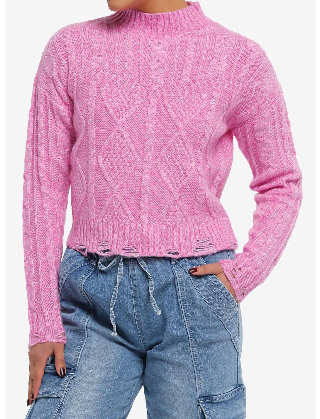 Magenta Cable Knit Girls Crop Sweater, PINK, hi-res