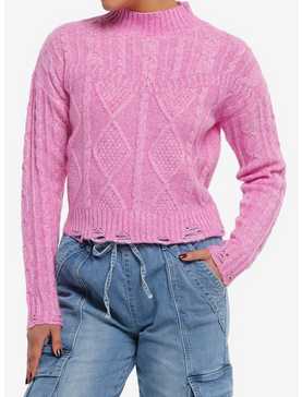 Magenta Cable Knit Girls Crop Sweater, , hi-res