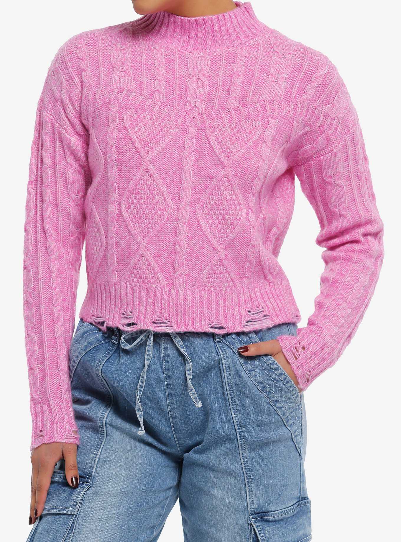 Magenta Cable Knit Girls Crop Sweater, , hi-res