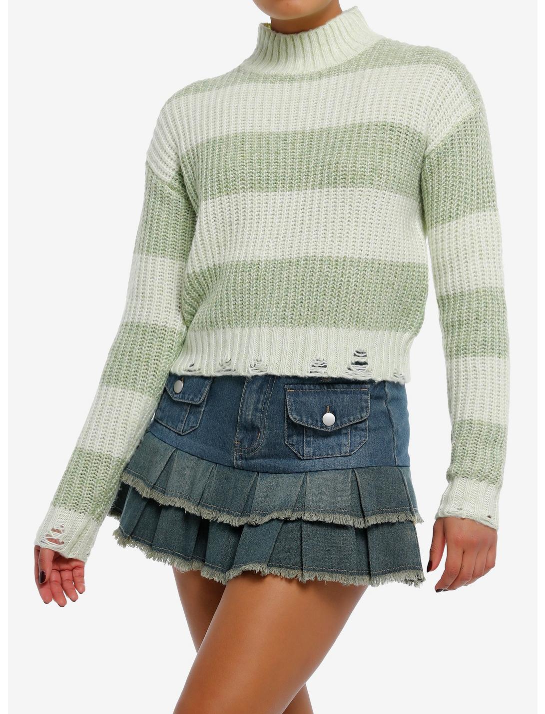 Light Green Stripe Cable Knit Girls Crop Sweater, GREEN, hi-res