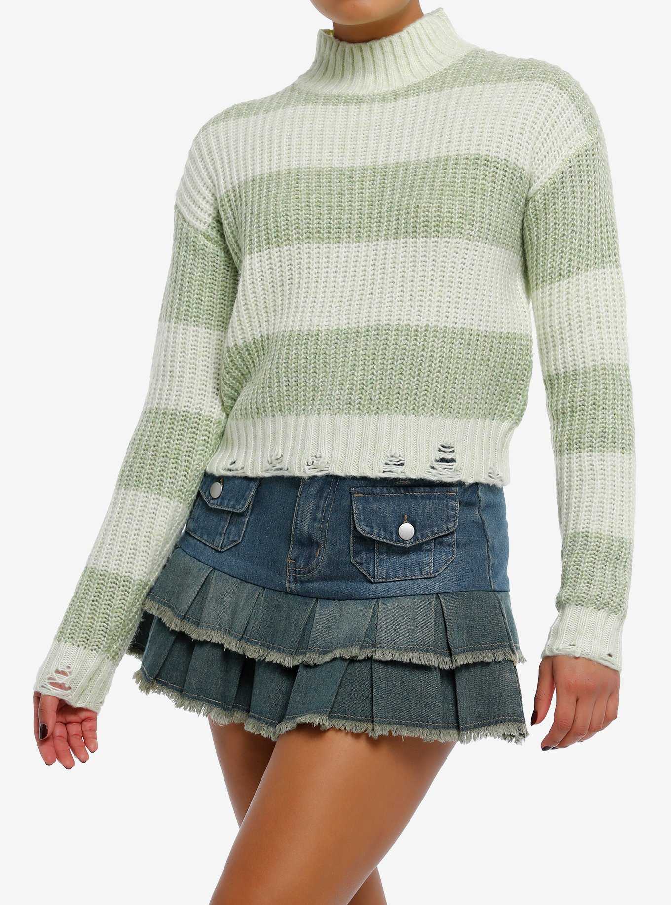 Light Green Stripe Cable Knit Girls Crop Sweater, , hi-res