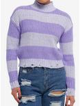 Lavender Purple Stripe Cable Knit Girls Crop Sweater, PURPLE, hi-res