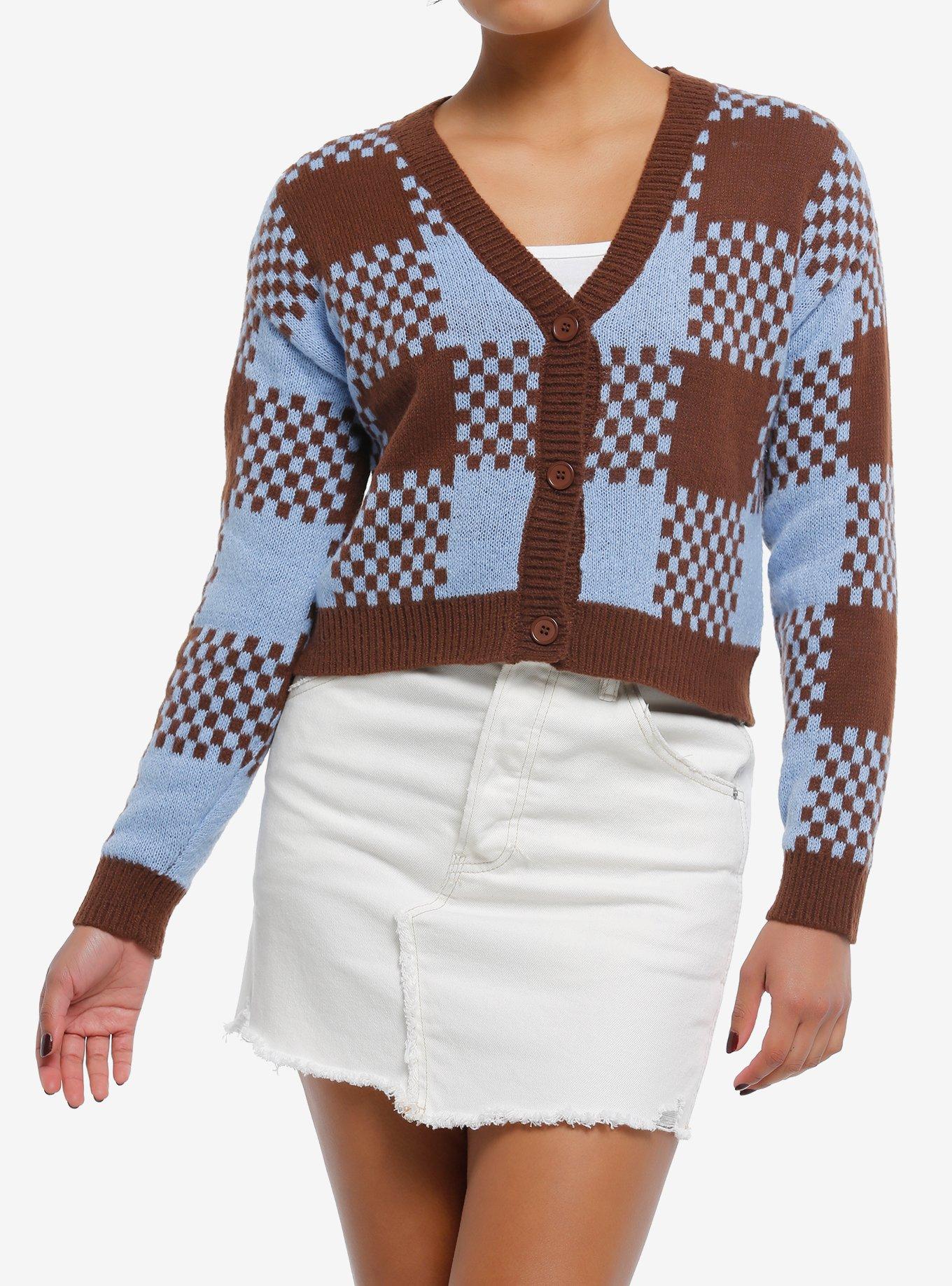 Brown & Blue Plaid Jacquard Knit Girls Crop Cardigan, , hi-res