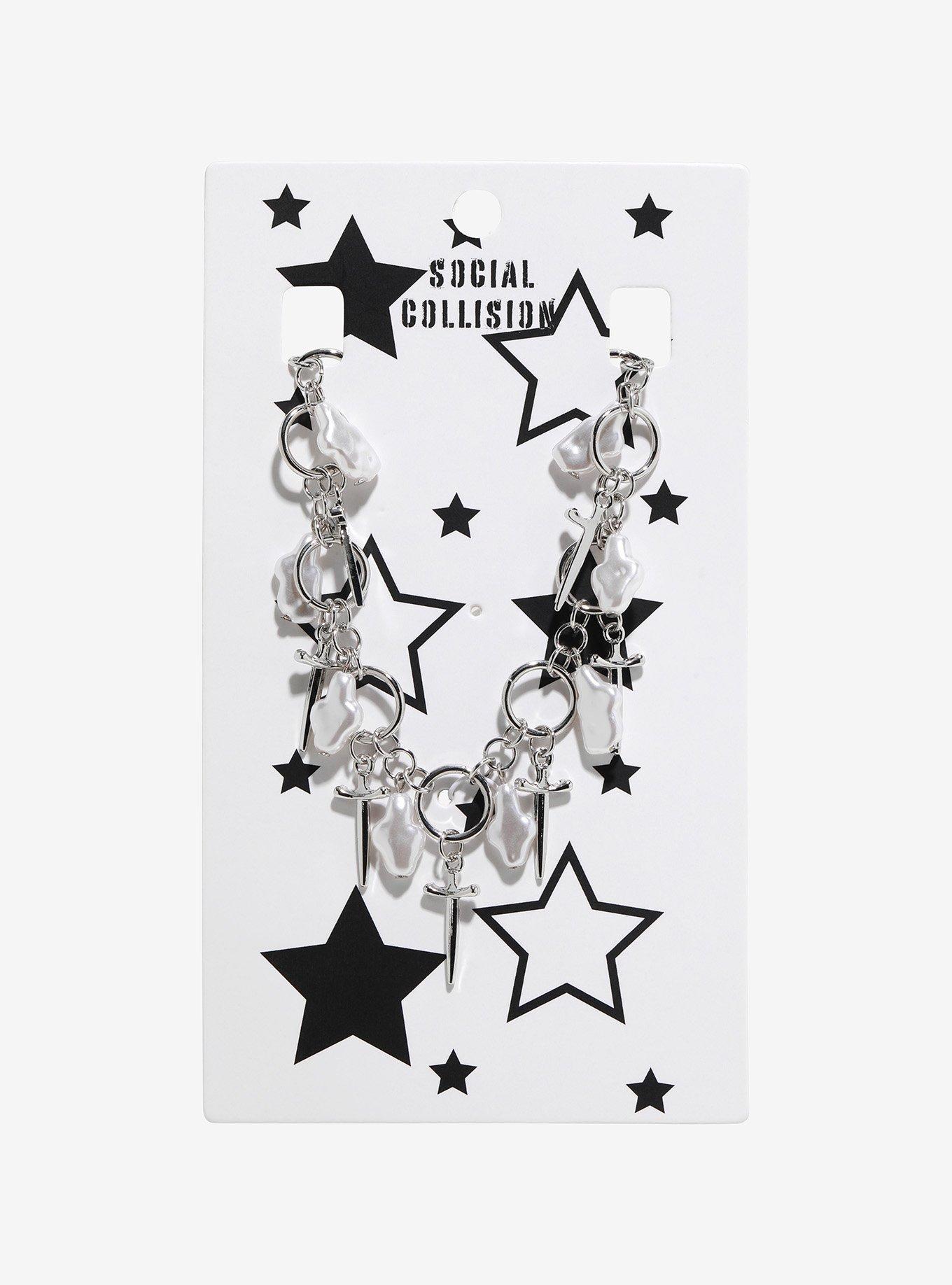 Social Collision Sword Pearl Chain Mail Choker, , hi-res