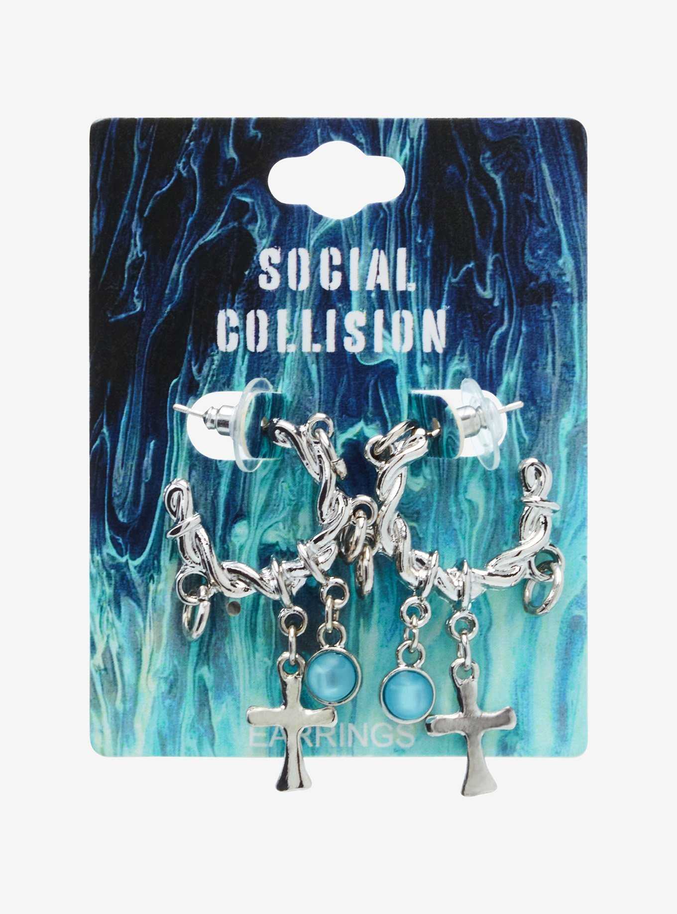 Social Collision Twist Chain Cross Hoop Earrings, , hi-res