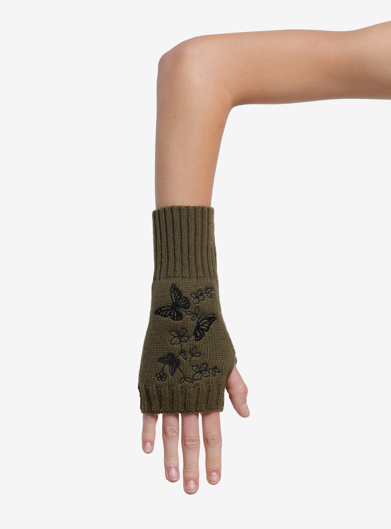 Butterfly Flower Embroidered Short Knit Fingerless Gloves, , hi-res